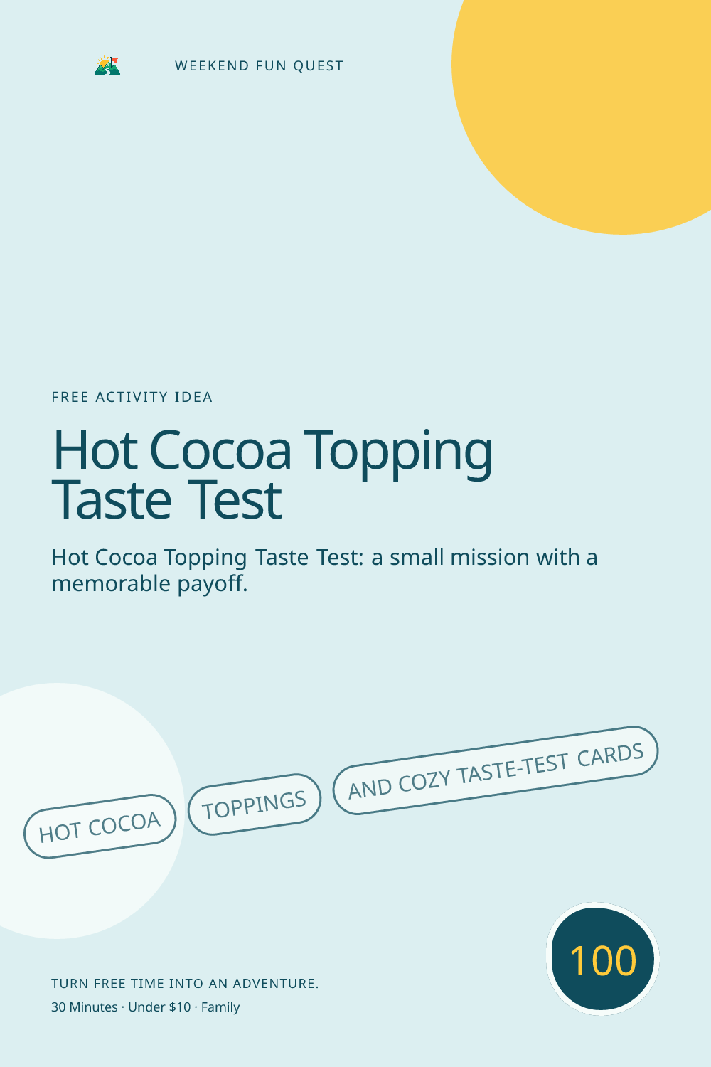 Vertical Pinterest activity illustration for hot cocoa topping taste test featuring hot cocoa, toppings, and cozy taste-test cards