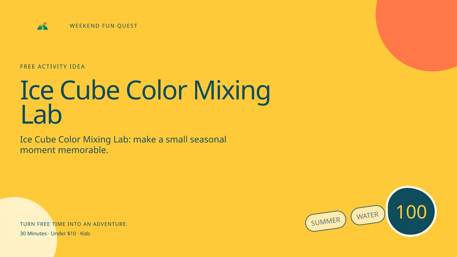 Wide Weekend Fun Quest illustration for ice cube color mixing lab featuring watch colored ice melt together and make a simple color prediction chart