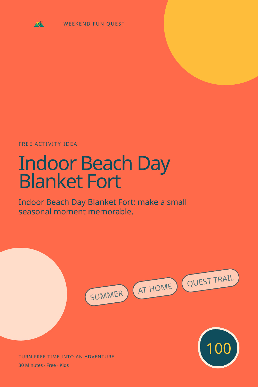 Vertical Pinterest illustration for indoor beach day blanket fort featuring make a cool, low-light pretend beach corner with a blanket, books, and gentle sound play