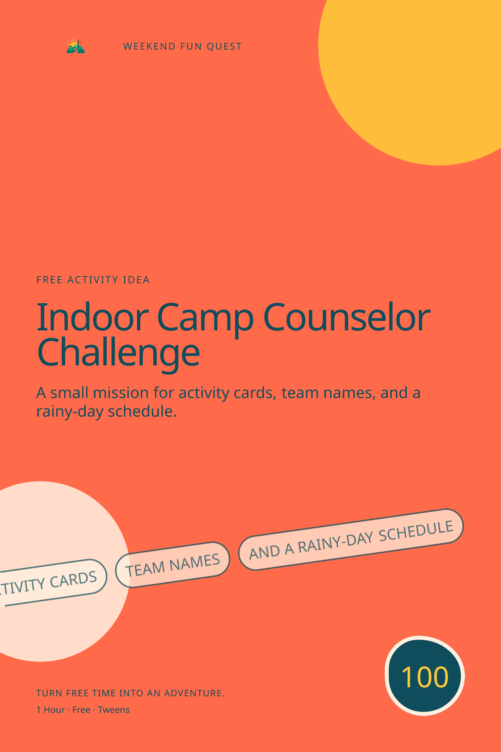 Vertical Pinterest graphic for indoor camp counselor challenge featuring activity cards, team names, and a rainy-day schedule and a quest trail