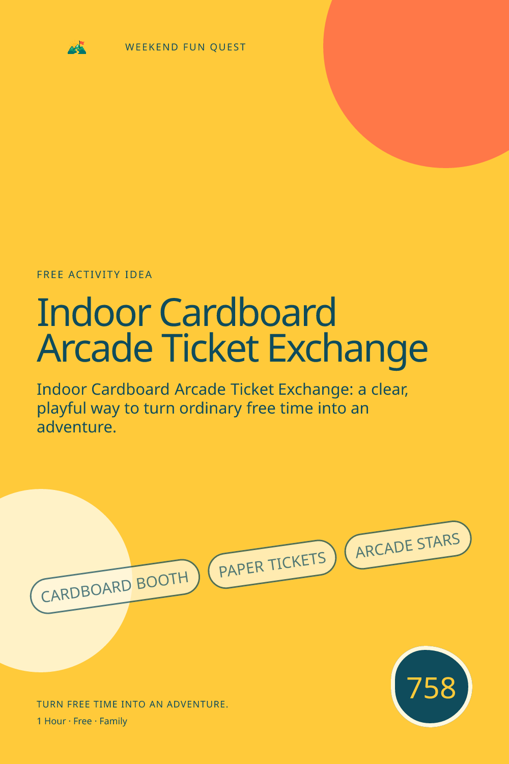 Vertical Pinterest Weekend Fun Quest illustration for indoor cardboard arcade ticket exchange featuring cardboard booth, paper tickets, arcade stars