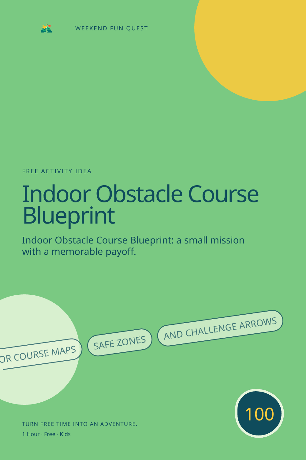 Vertical Pinterest activity illustration for indoor obstacle course blueprint featuring indoor course maps, safe zones, and challenge arrows