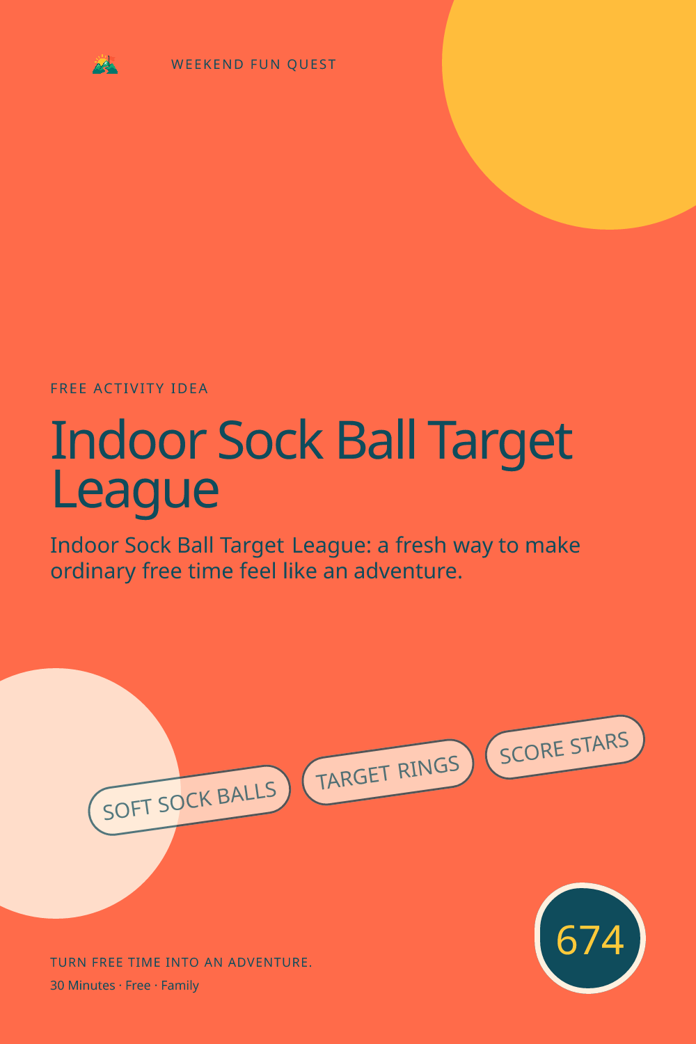 Vertical Pinterest Weekend Fun Quest illustration for indoor sock ball target league featuring soft sock balls, target rings, score stars