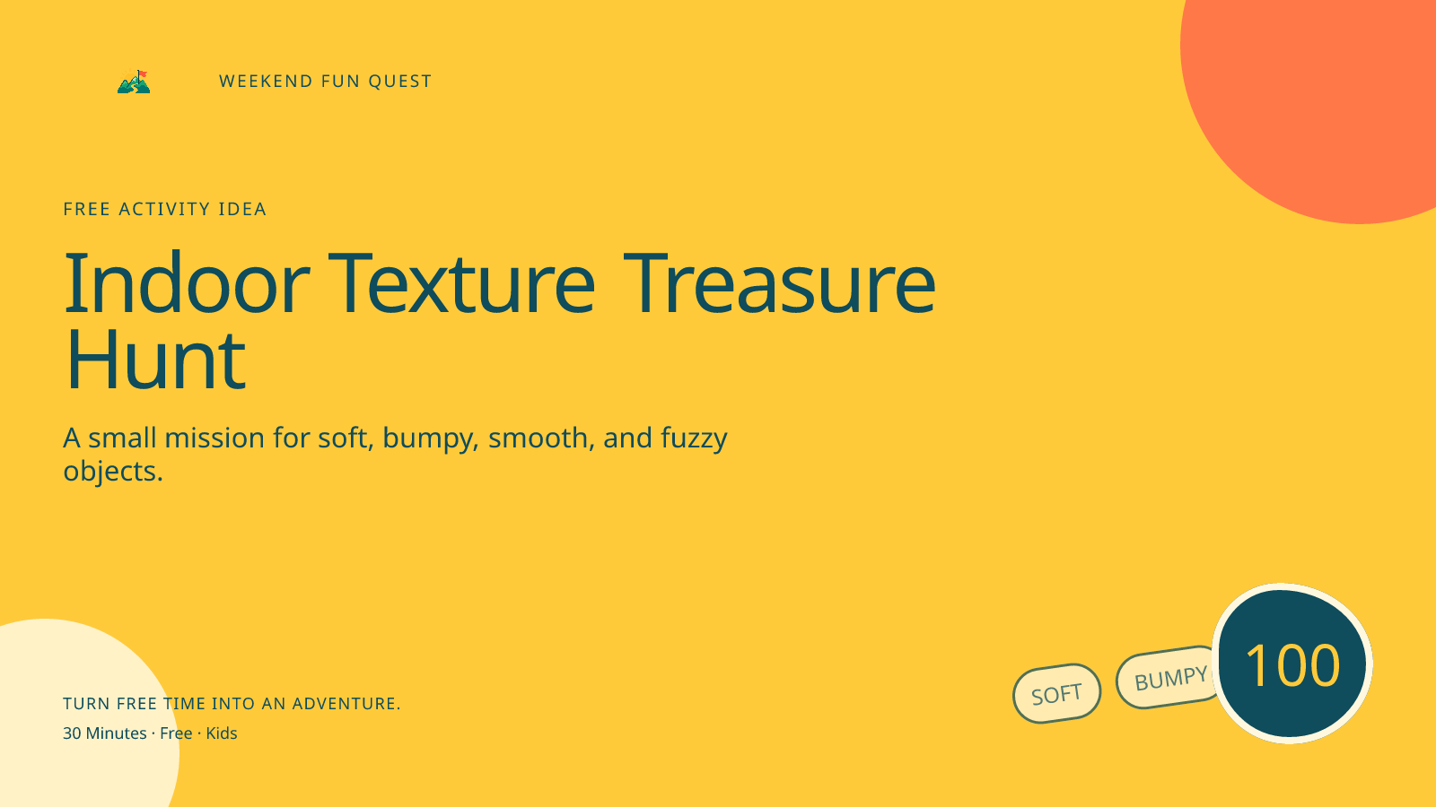Wide Weekend Fun Quest illustration for indoor texture treasure hunt featuring soft, bumpy, smooth, and fuzzy objects