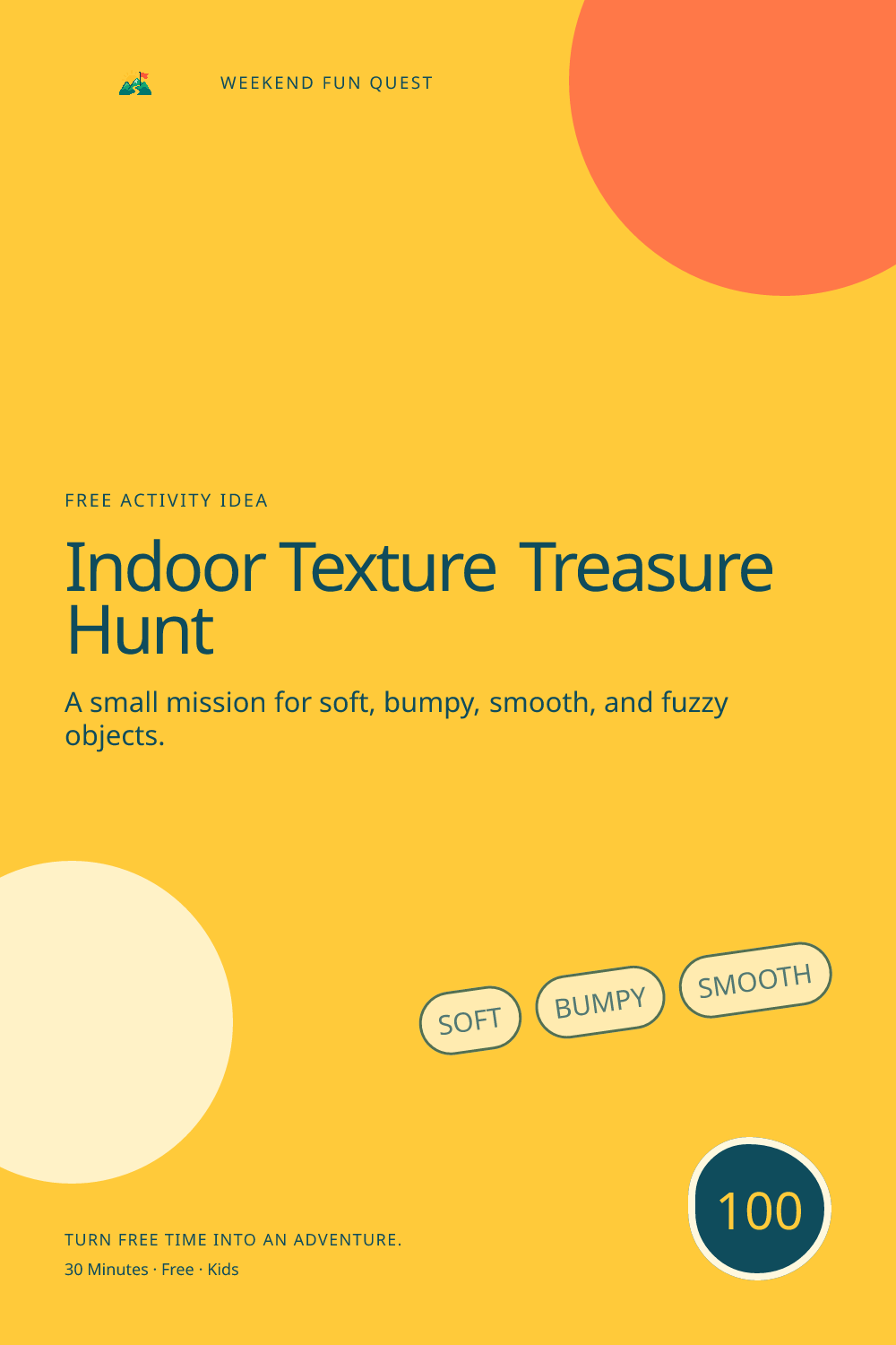 Vertical Pinterest graphic for indoor texture treasure hunt featuring soft, bumpy, smooth, and fuzzy objects and a quest trail