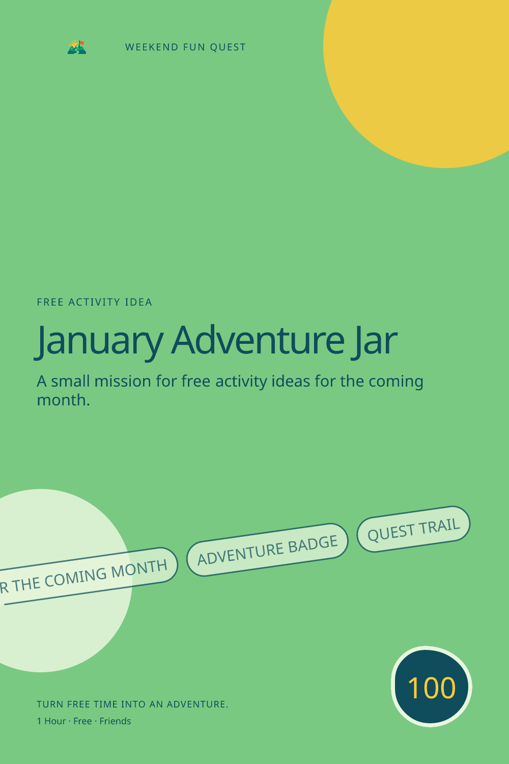 Vertical Pinterest graphic for january adventure jar featuring free activity ideas for the coming month and a quest trail