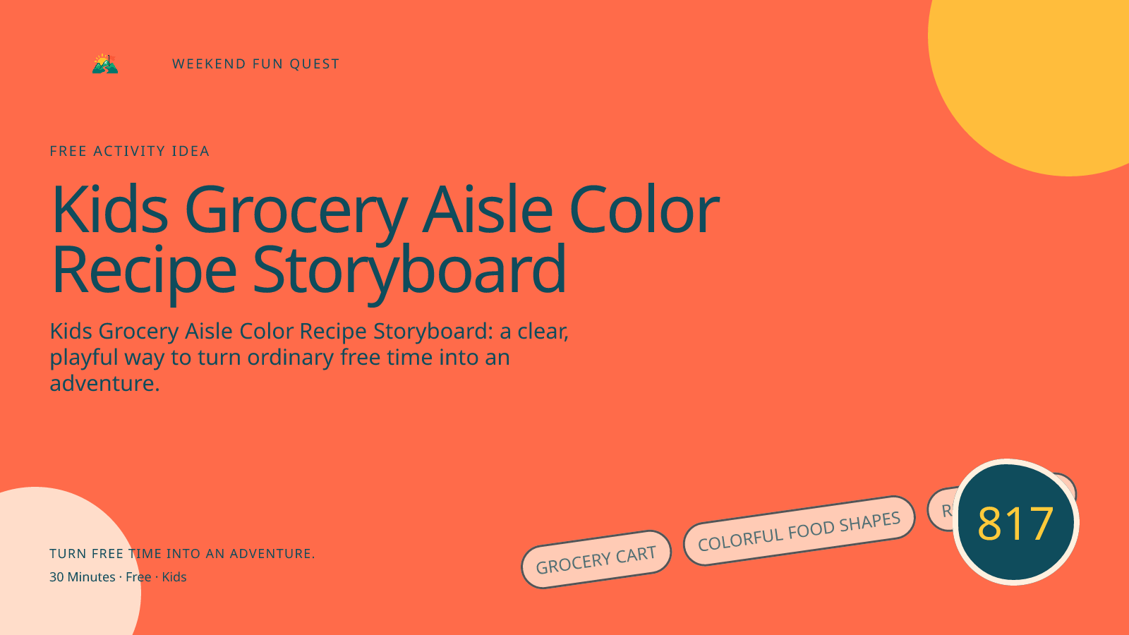Wide hero Weekend Fun Quest illustration for kids grocery aisle color recipe storyboard featuring grocery cart, colorful food shapes, recipe panels