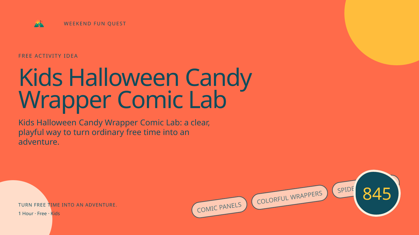 Wide hero Weekend Fun Quest illustration for kids halloween candy wrapper comic lab featuring comic panels, colorful wrappers, spiderweb badge