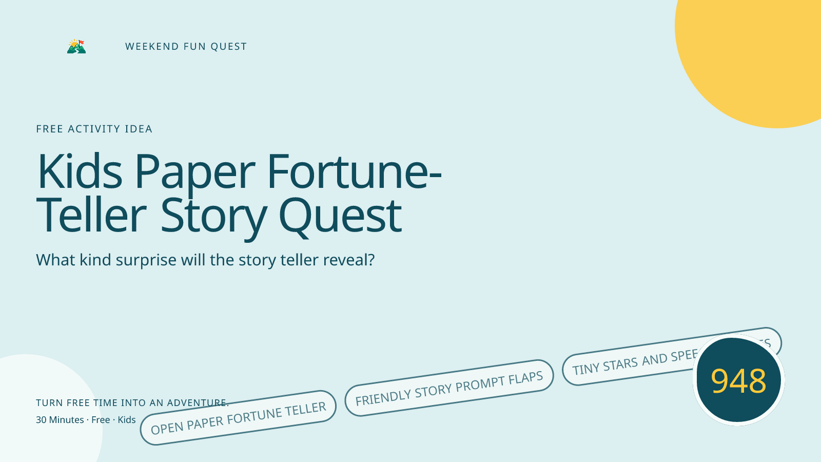 Wide hero illustration for kids paper fortune-teller story quest featuring open paper fortune teller, friendly story prompt flaps, tiny stars and speech bubbles