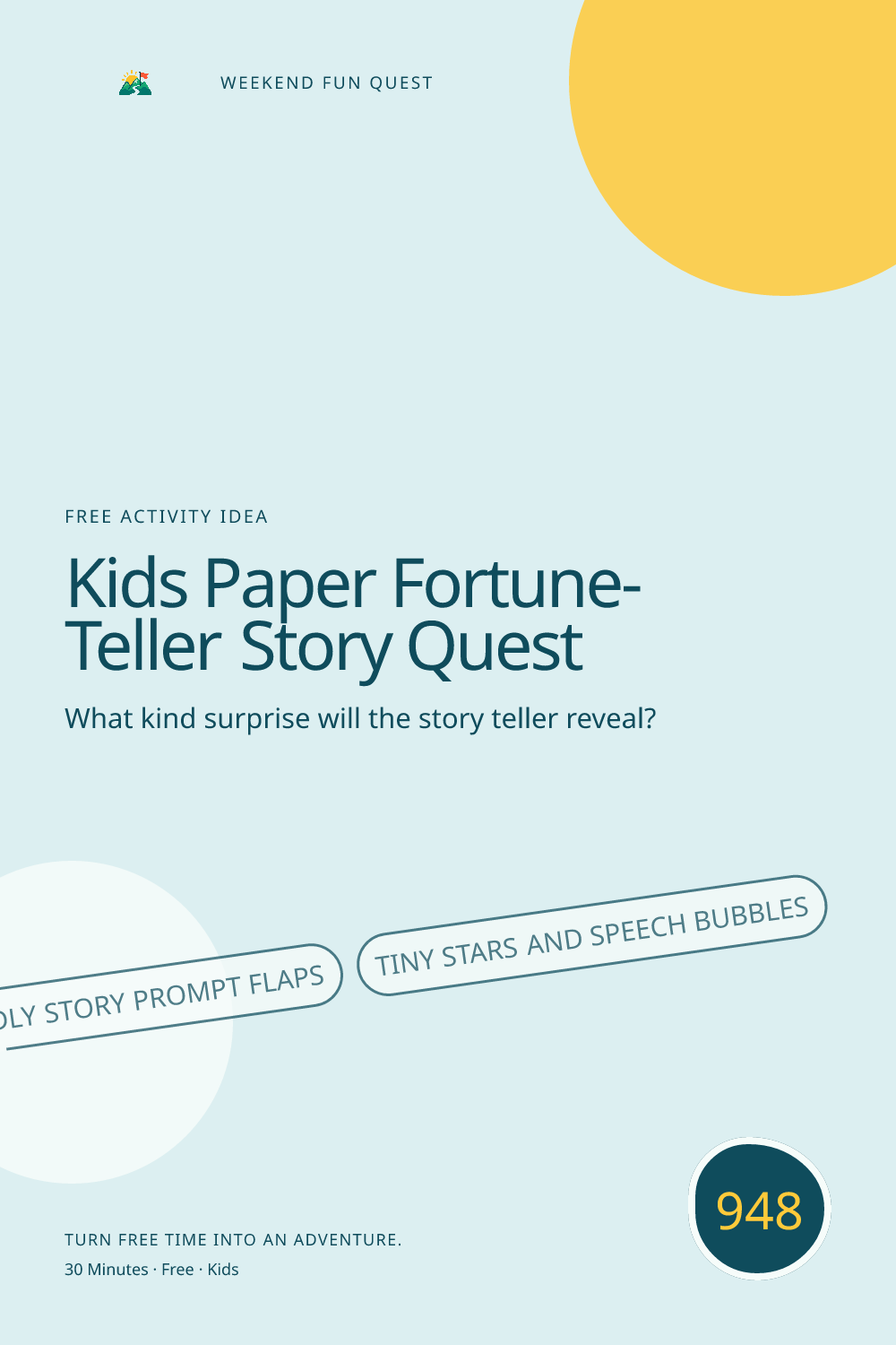 Vertical Pinterest illustration for kids paper fortune-teller story quest featuring open paper fortune teller, friendly story prompt flaps, tiny stars and speech bubbles