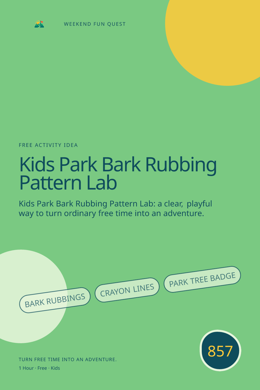 Vertical Pinterest Weekend Fun Quest illustration for kids park bark rubbing pattern lab featuring bark rubbings, crayon lines, park tree badge