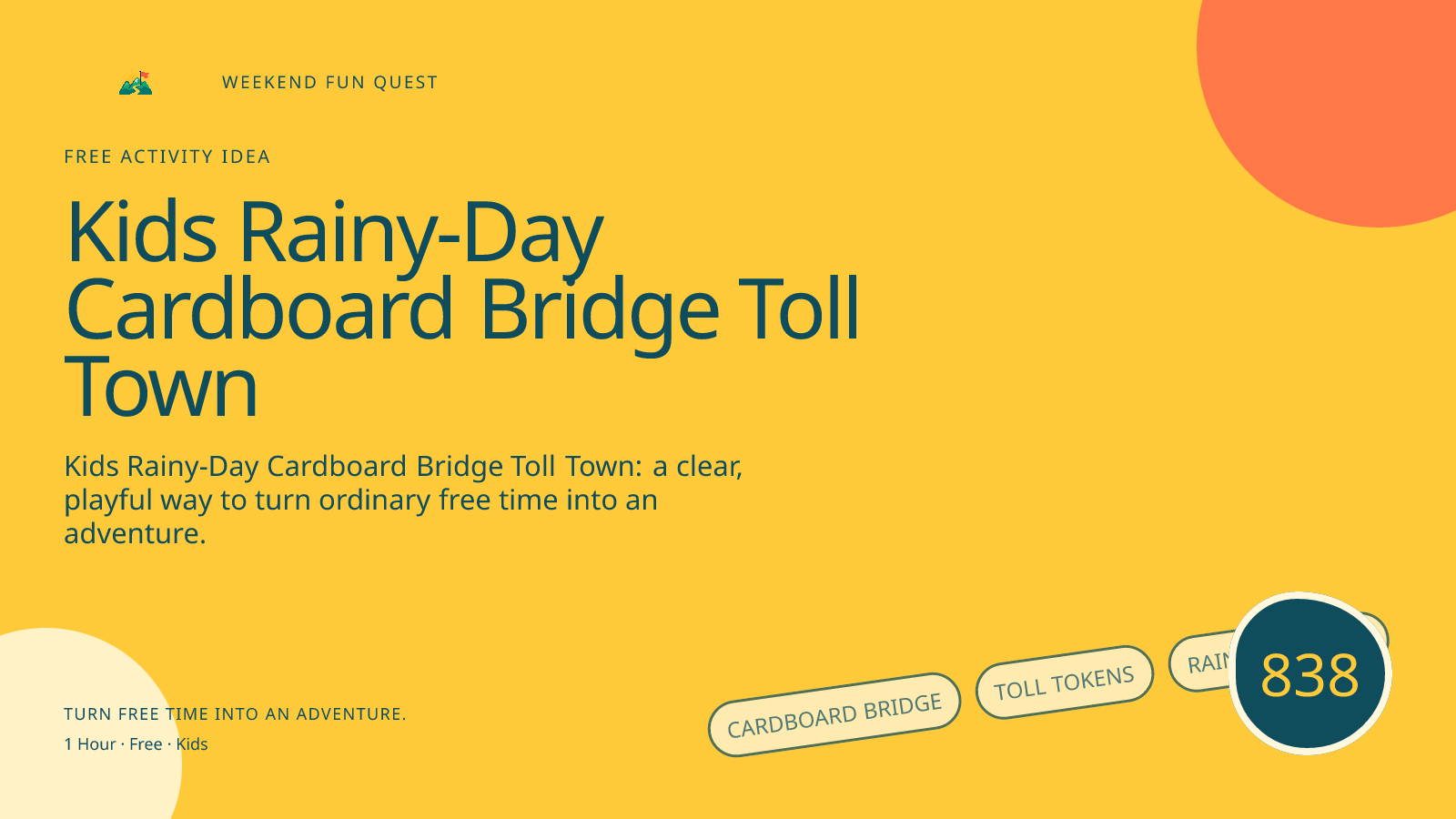 Wide hero Weekend Fun Quest illustration for kids rainy-day cardboard bridge toll town featuring cardboard bridge, toll tokens, rain cloud map