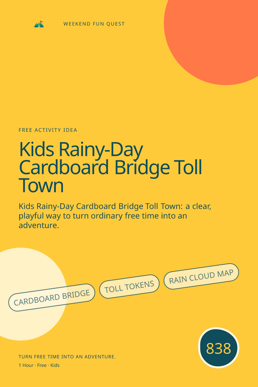 Vertical Pinterest Weekend Fun Quest illustration for kids rainy-day cardboard bridge toll town featuring cardboard bridge, toll tokens, rain cloud map