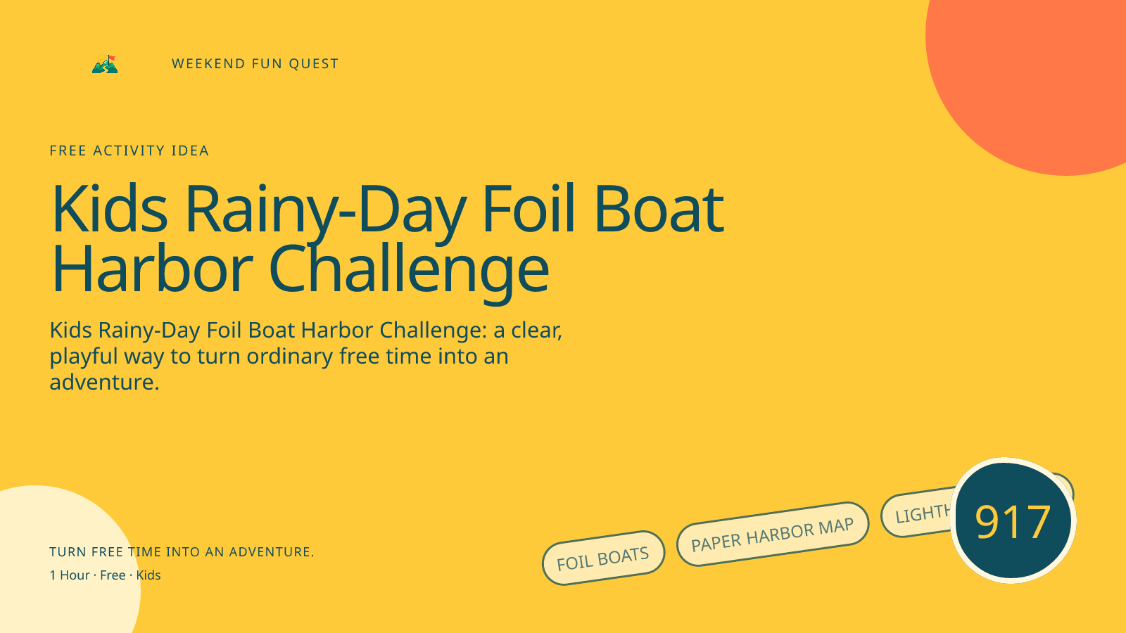 Wide hero for kids rainy-day foil boat harbor challenge featuring foil boats, paper harbor map, lighthouse badge