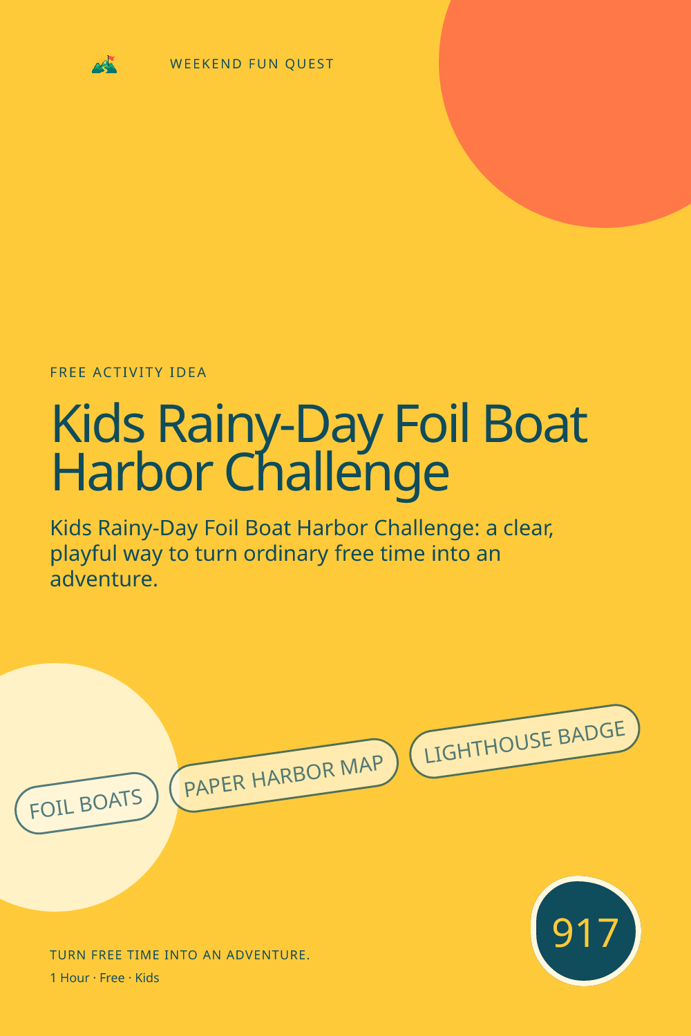 Vertical Pinterest for kids rainy-day foil boat harbor challenge featuring foil boats, paper harbor map, lighthouse badge
