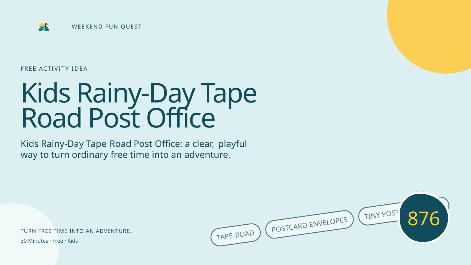 Wide hero for kids rainy-day tape road post office featuring tape road, postcard envelopes, tiny post office flag