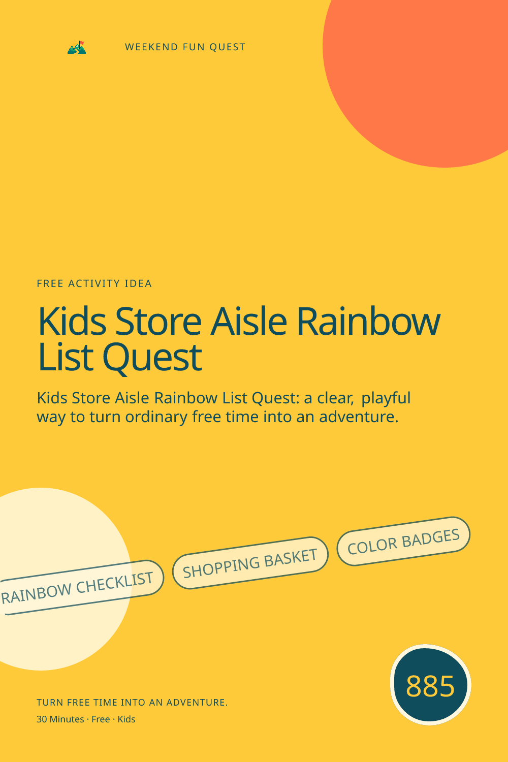 Vertical Pinterest for kids store aisle rainbow list quest featuring rainbow checklist, shopping basket, color badges