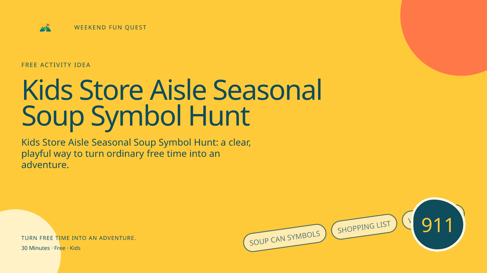 Wide hero for kids store aisle seasonal soup symbol hunt featuring soup can symbols, shopping list, winter bowl
