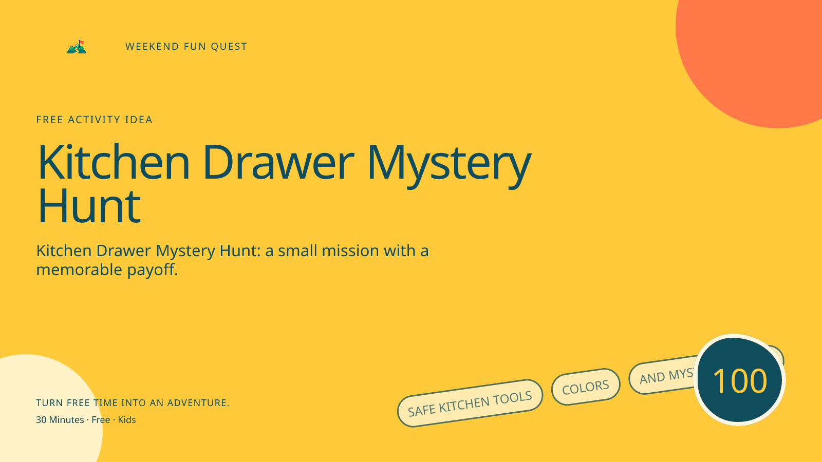 Wide Weekend Fun Quest illustration for kitchen drawer mystery hunt featuring safe kitchen tools, colors, and mystery objects
