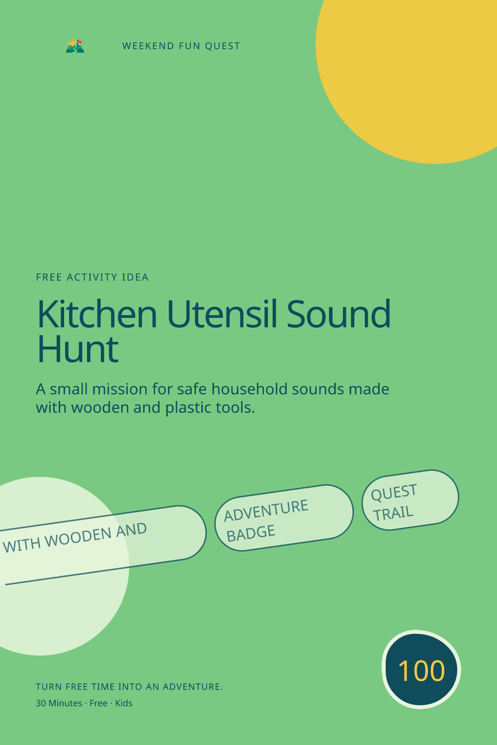 Vertical Pinterest graphic for kitchen utensil sound hunt featuring safe household sounds made with wooden and plastic tools and a quest trail