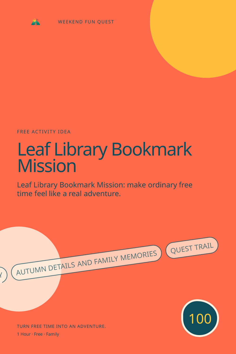 Vertical Pinterest activity illustration for leaf library bookmark mission featuring autumn details and family memories