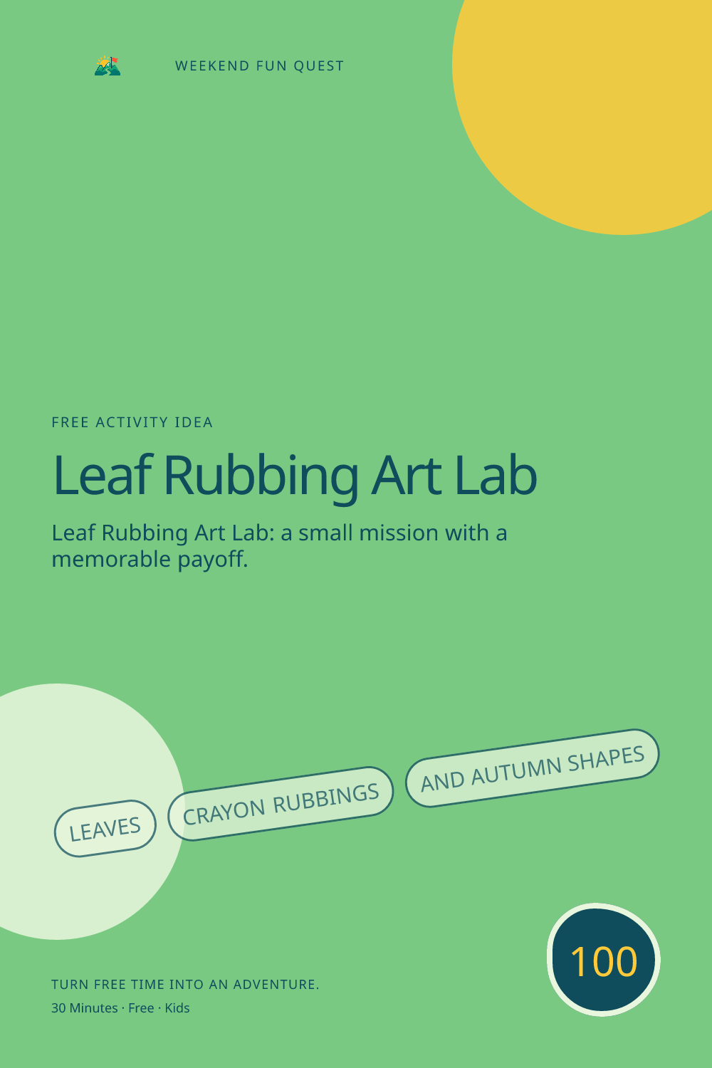 Vertical Pinterest activity illustration for leaf rubbing art lab featuring leaves, crayon rubbings, and autumn shapes