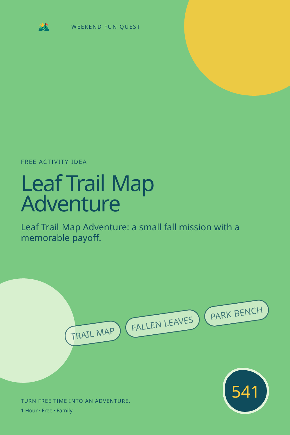 Vertical Pinterest Weekend Fun Quest illustration for leaf trail map adventure featuring trail map, fallen leaves, park bench