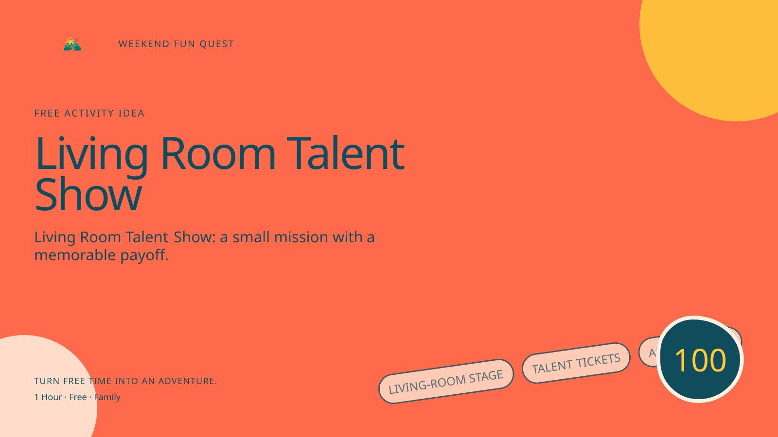 Wide Weekend Fun Quest illustration for living room talent show featuring living-room stage, talent tickets, and applause