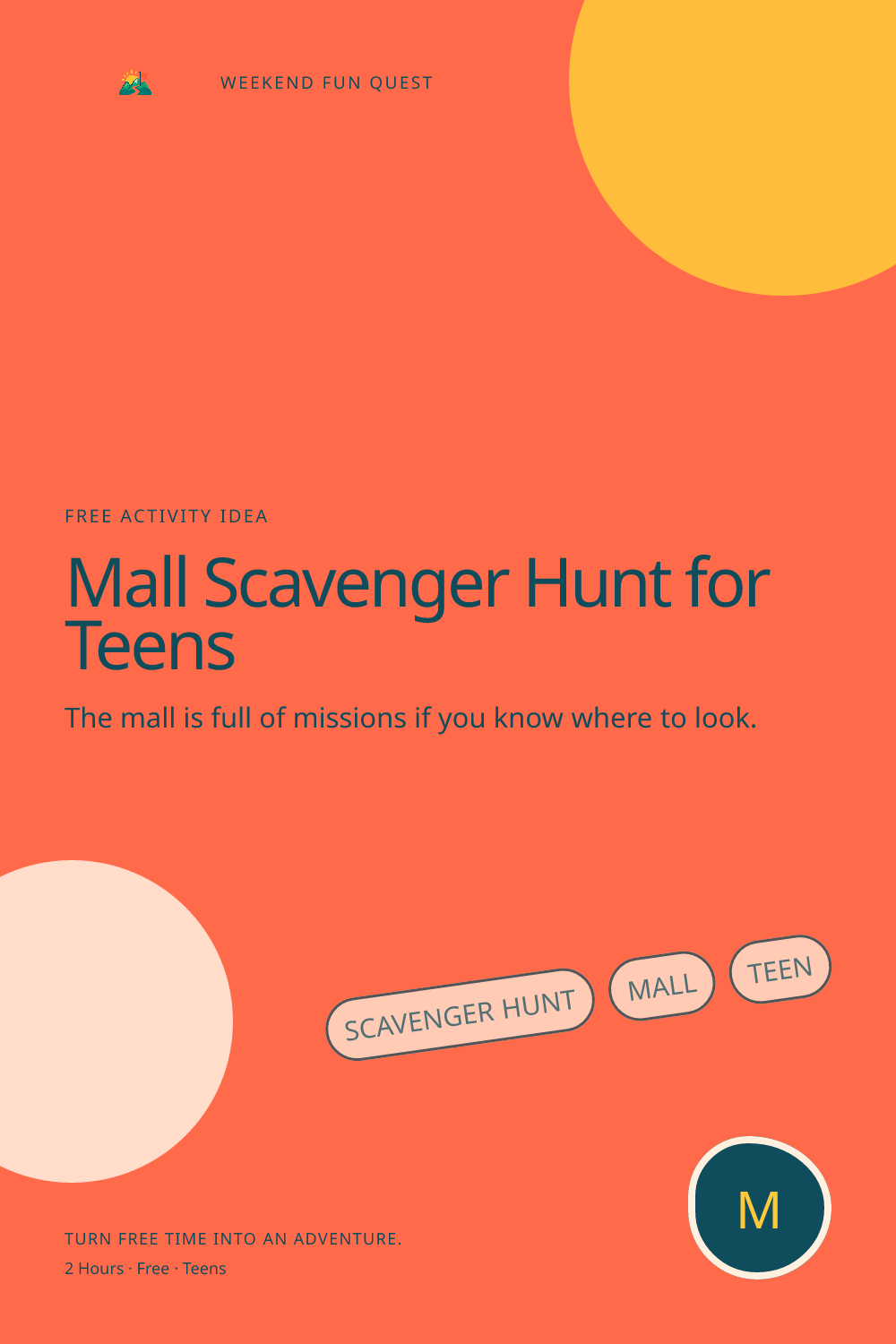 Mall Scavenger Hunt for Teens: vertical Pinterest graphic illustration showing scavenger hunt, mall, teen, quest trail for Weekend Fun Quest