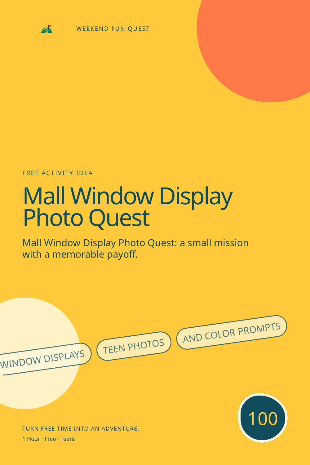 Vertical Pinterest activity illustration for mall window display photo quest featuring window displays, teen photos, and color prompts