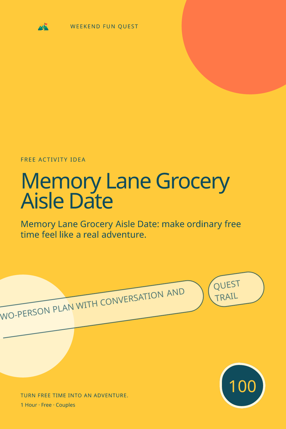 Vertical Pinterest activity illustration for memory lane grocery aisle date featuring a relaxed two-person plan with conversation and discovery