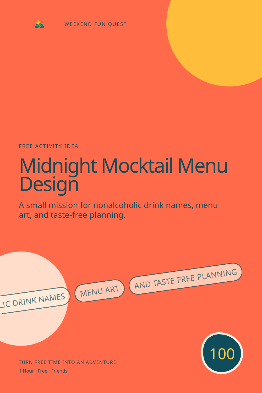 Vertical Pinterest graphic for midnight mocktail menu design featuring nonalcoholic drink names, menu art, and taste-free planning and a quest trail