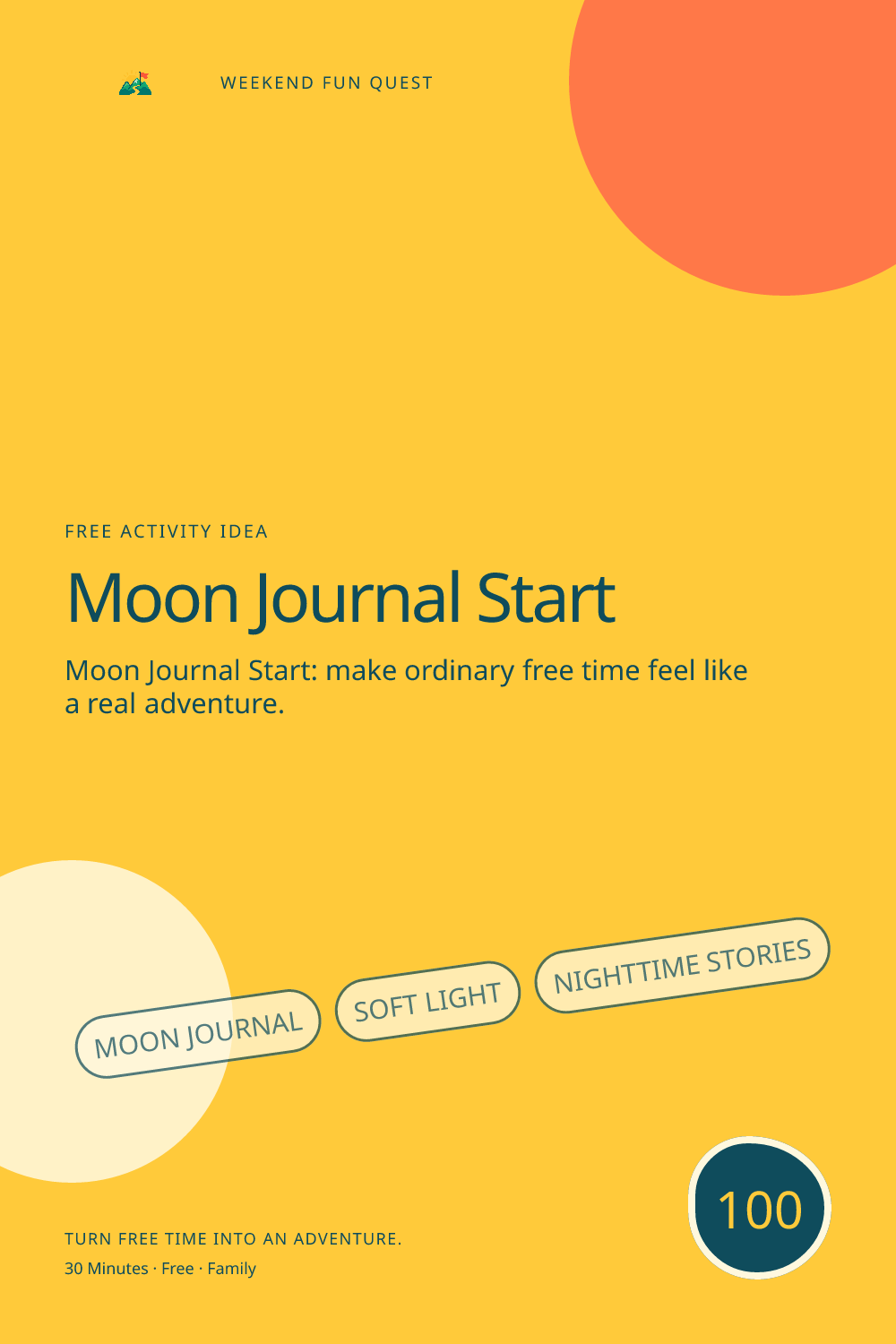 Vertical Pinterest activity illustration for moon journal start featuring soft light, nighttime stories, and low-key wonder