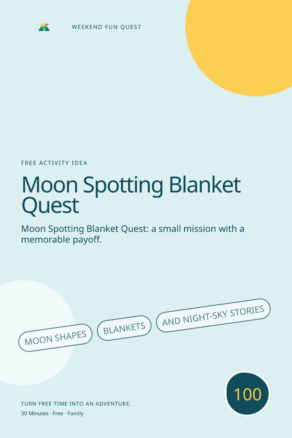 Vertical Pinterest activity illustration for moon spotting blanket quest featuring moon shapes, blankets, and night-sky stories