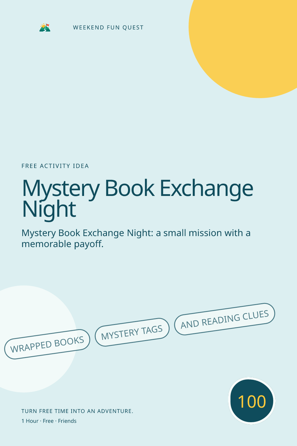 Vertical Pinterest activity illustration for mystery book exchange night featuring wrapped books, mystery tags, and reading clues