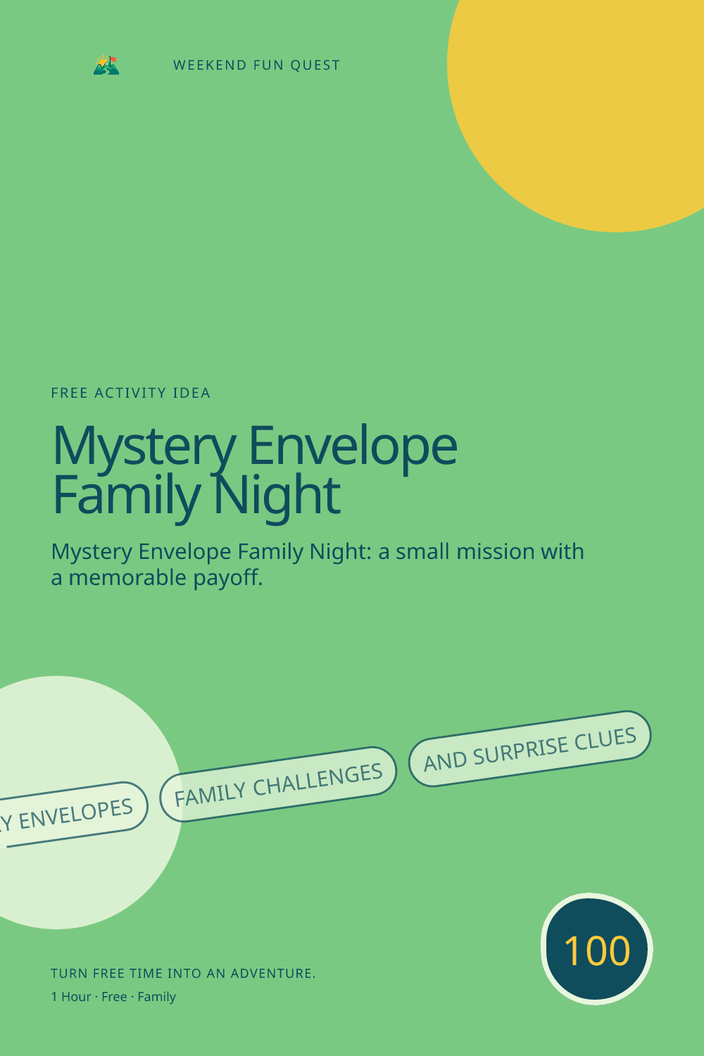 Vertical Pinterest activity illustration for mystery envelope family night featuring mystery envelopes, family challenges, and surprise clues