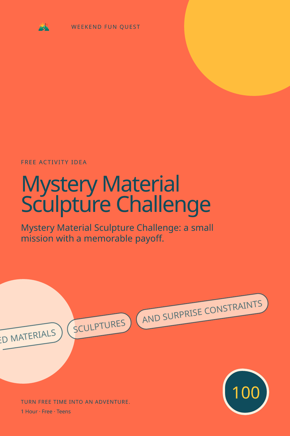 Vertical Pinterest activity illustration for mystery material sculpture challenge featuring recycled materials, sculptures, and surprise constraints