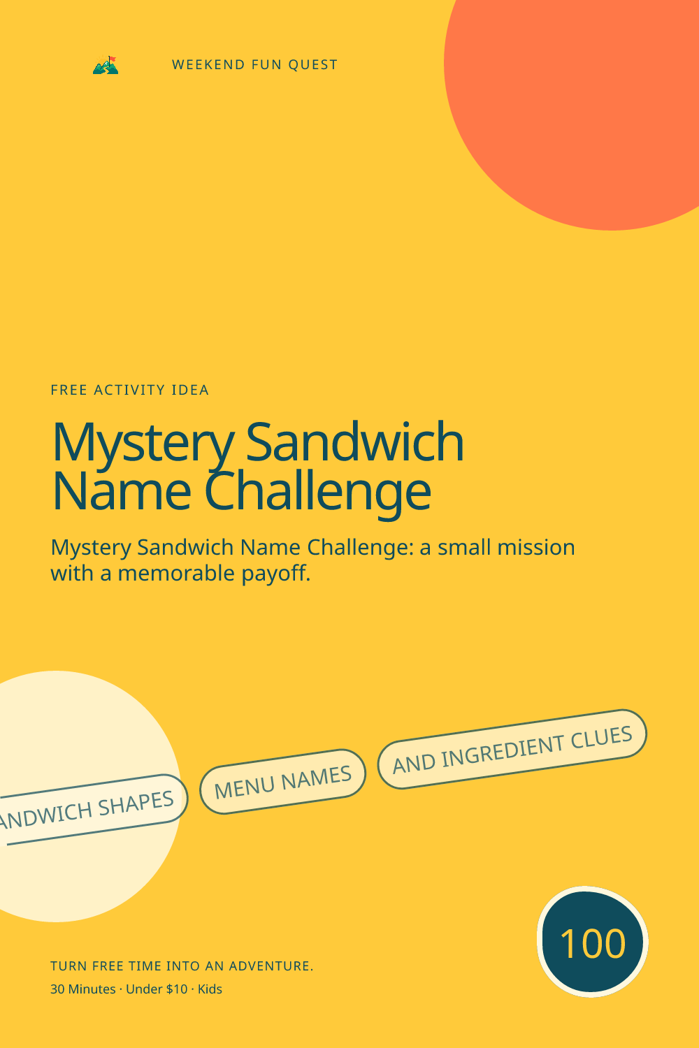 Vertical Pinterest activity illustration for mystery sandwich name challenge featuring sandwich shapes, menu names, and ingredient clues