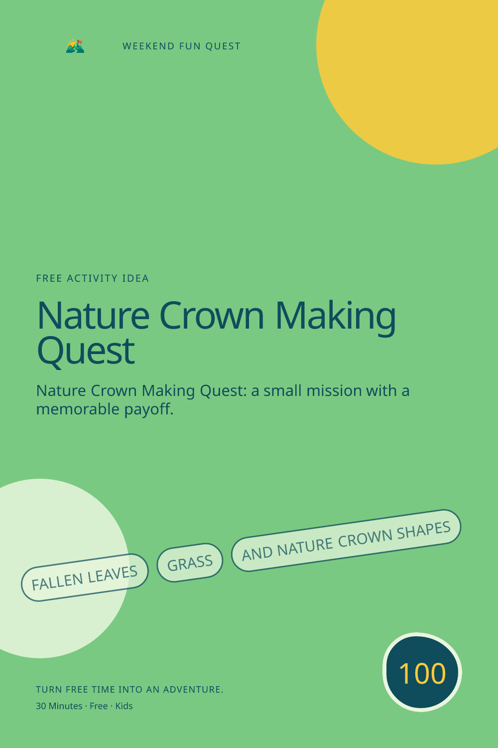 Vertical Pinterest activity illustration for nature crown making quest featuring fallen leaves, grass, and nature crown shapes