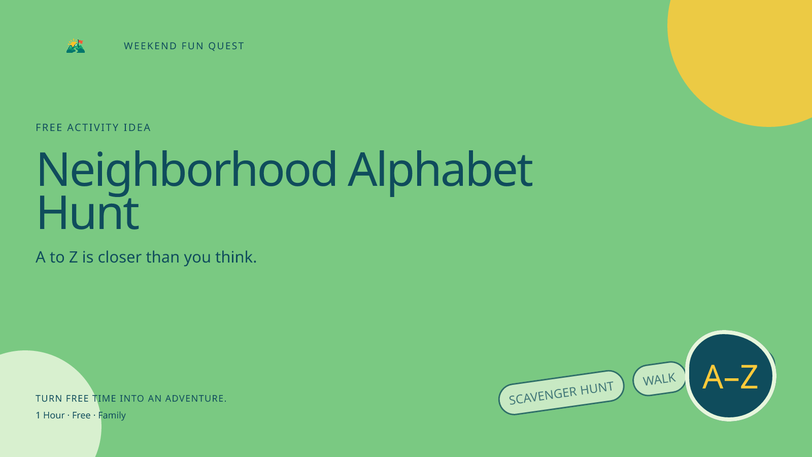 Neighborhood Alphabet Hunt: wide Quest hero illustration showing scavenger hunt, walk, alphabet for Weekend Fun Quest