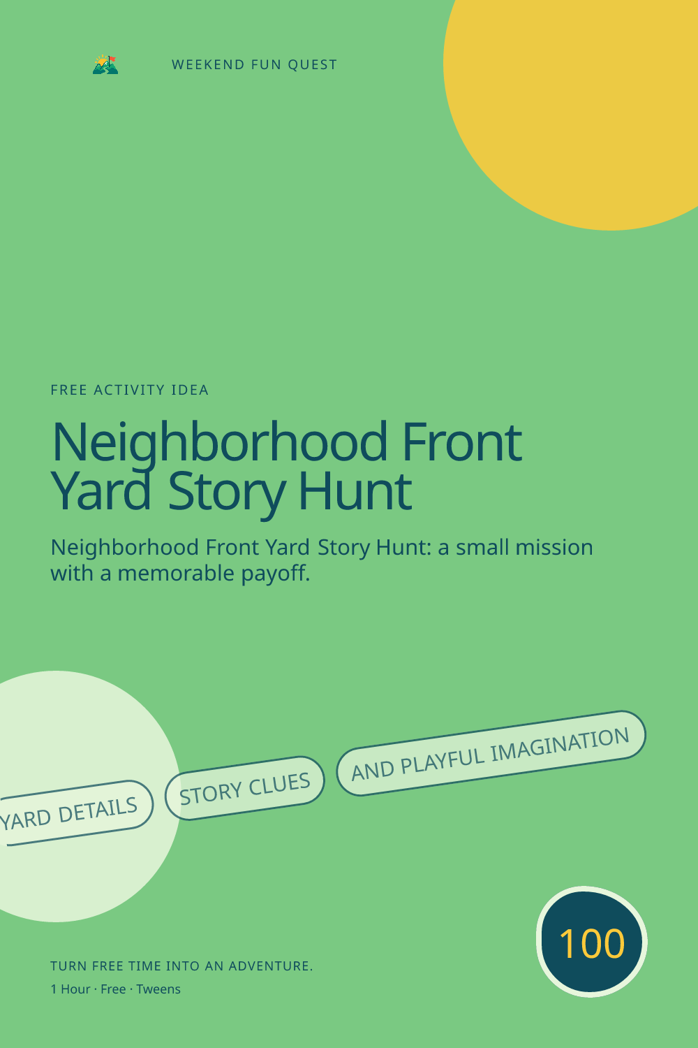 Vertical Pinterest activity illustration for neighborhood front yard story hunt featuring yard details, story clues, and playful imagination