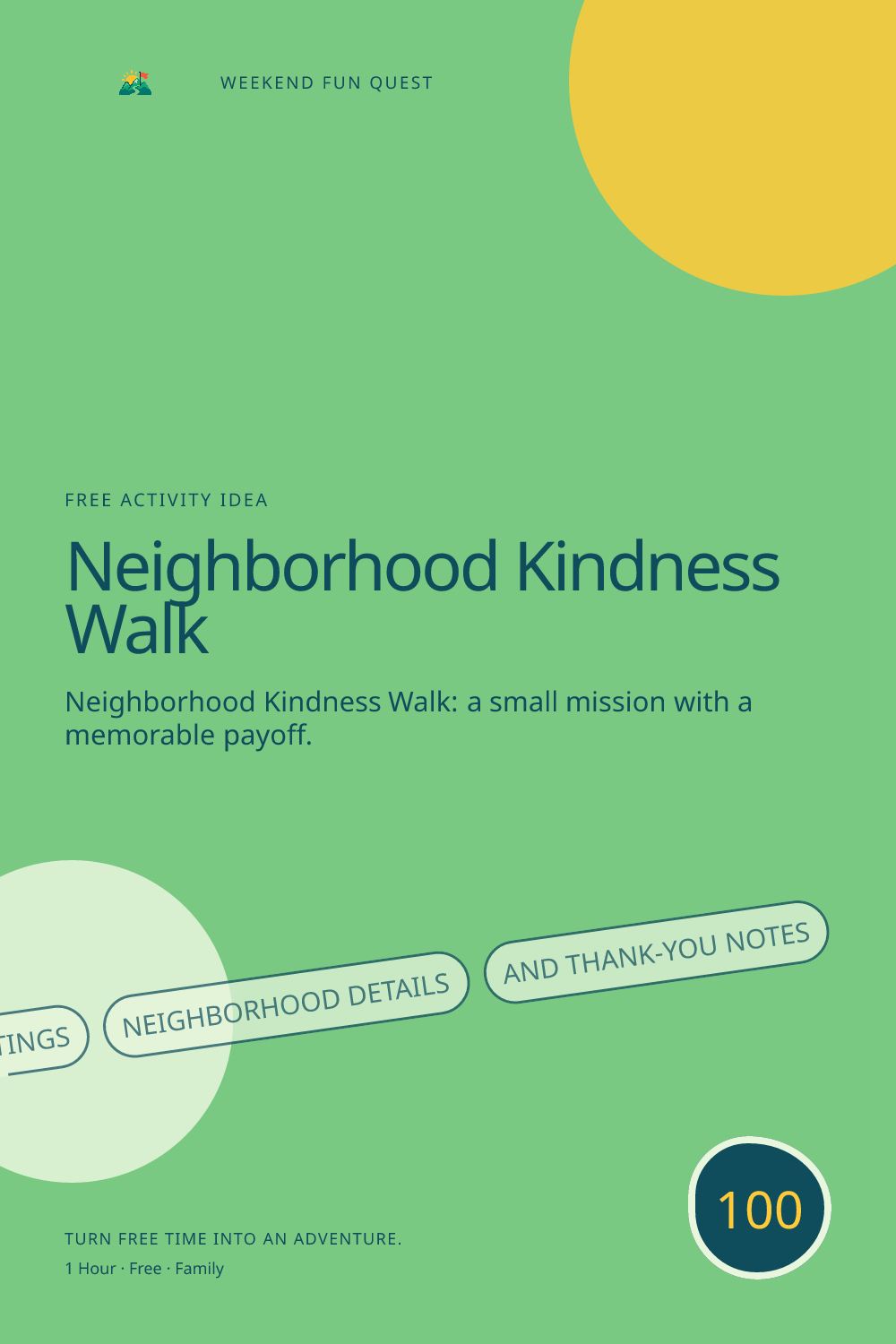 Vertical Pinterest activity illustration for neighborhood kindness walk featuring kind greetings, neighborhood details, and thank-you notes