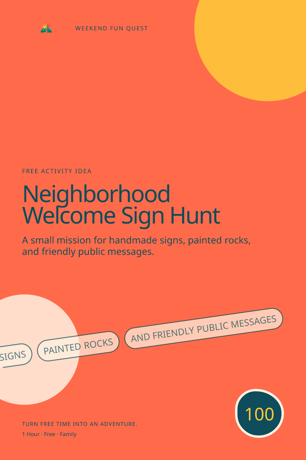 Vertical Pinterest graphic for neighborhood welcome sign hunt featuring handmade signs, painted rocks, and friendly public messages and a quest trail
