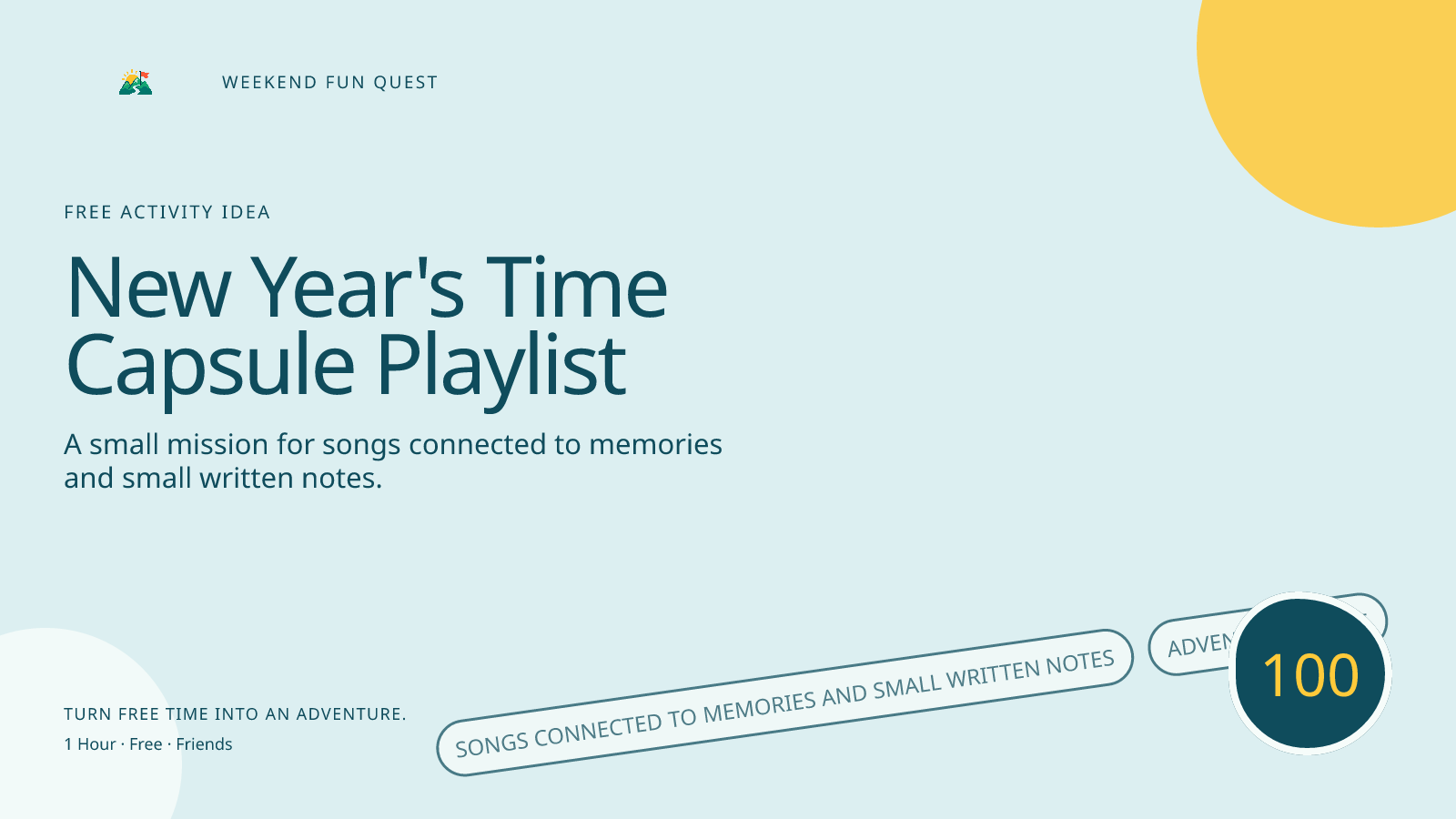 Wide Weekend Fun Quest illustration for new year's time capsule playlist featuring songs connected to memories and small written notes