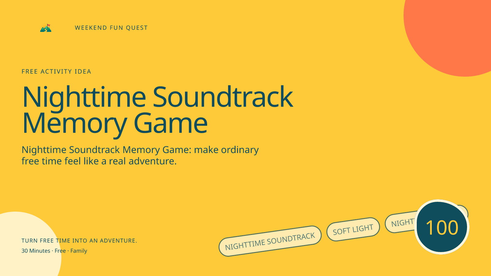 Wide Weekend Fun Quest illustration for nighttime soundtrack memory game featuring soft light, nighttime stories, and low-key wonder