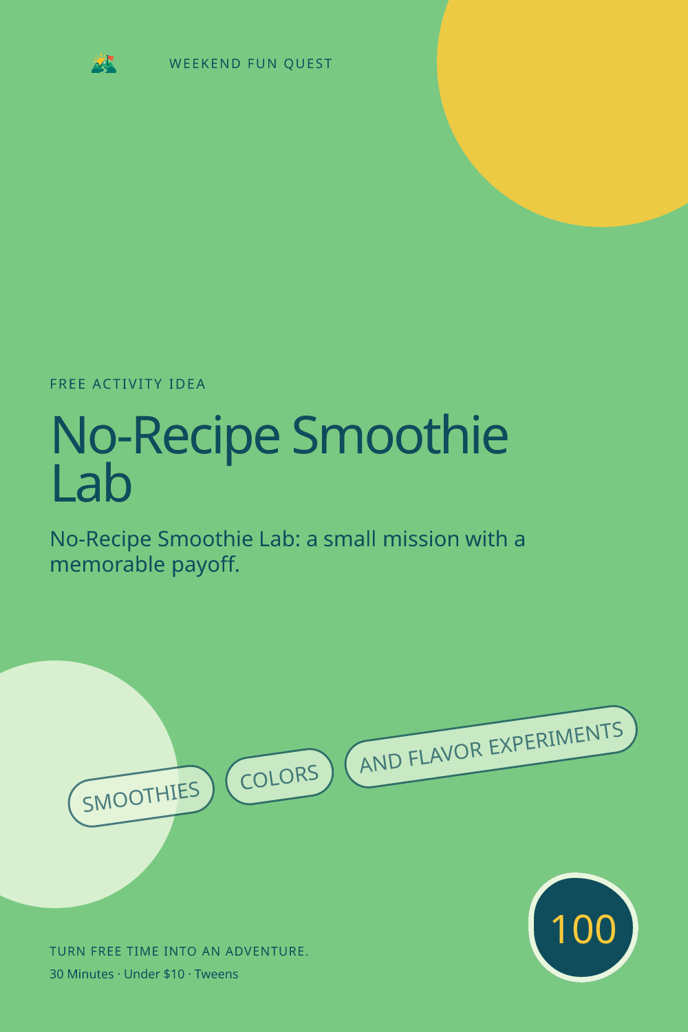 Vertical Pinterest activity illustration for no-recipe smoothie lab featuring smoothies, colors, and flavor experiments