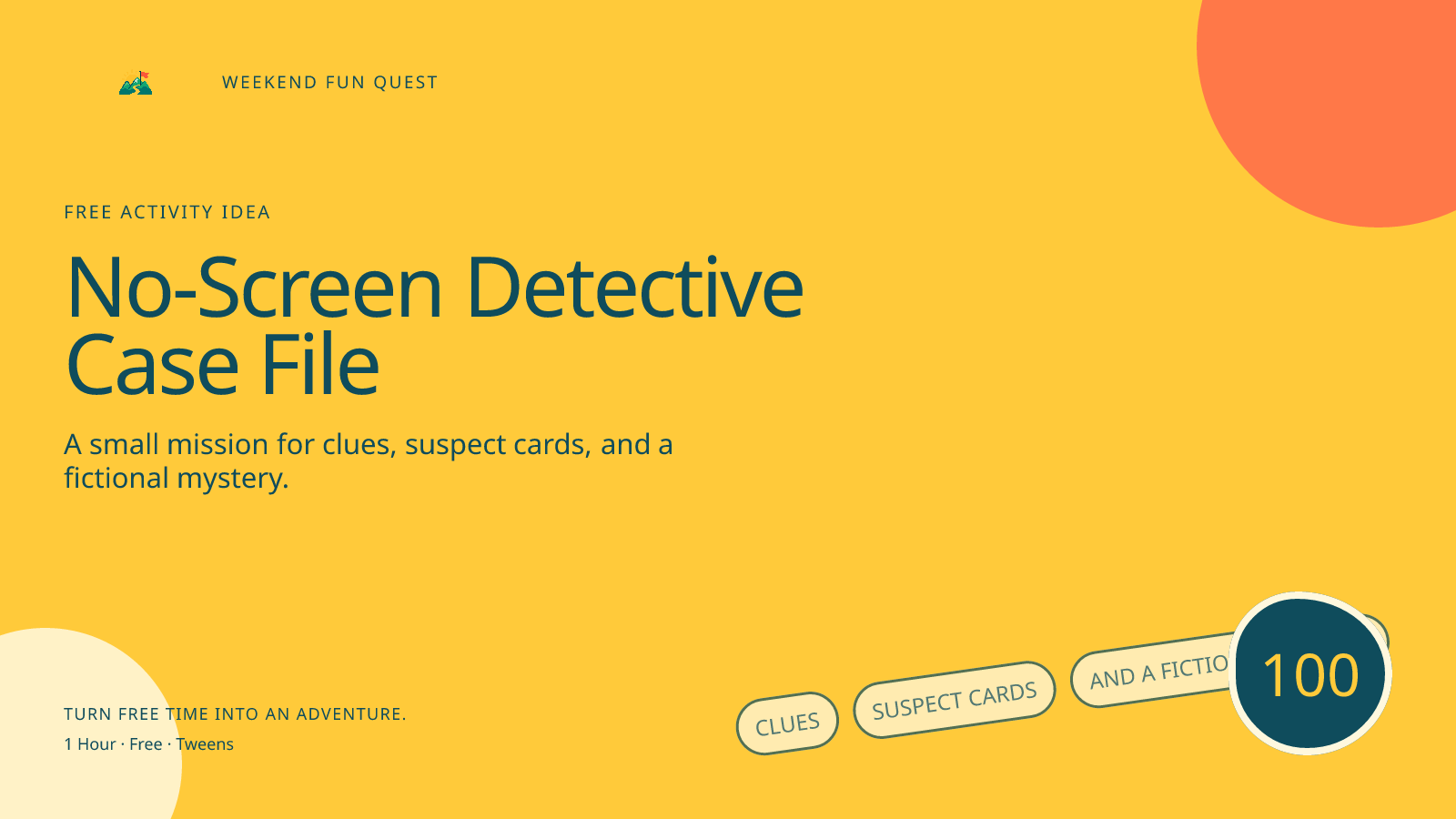 Wide Weekend Fun Quest illustration for no-screen detective case file featuring clues, suspect cards, and a fictional mystery