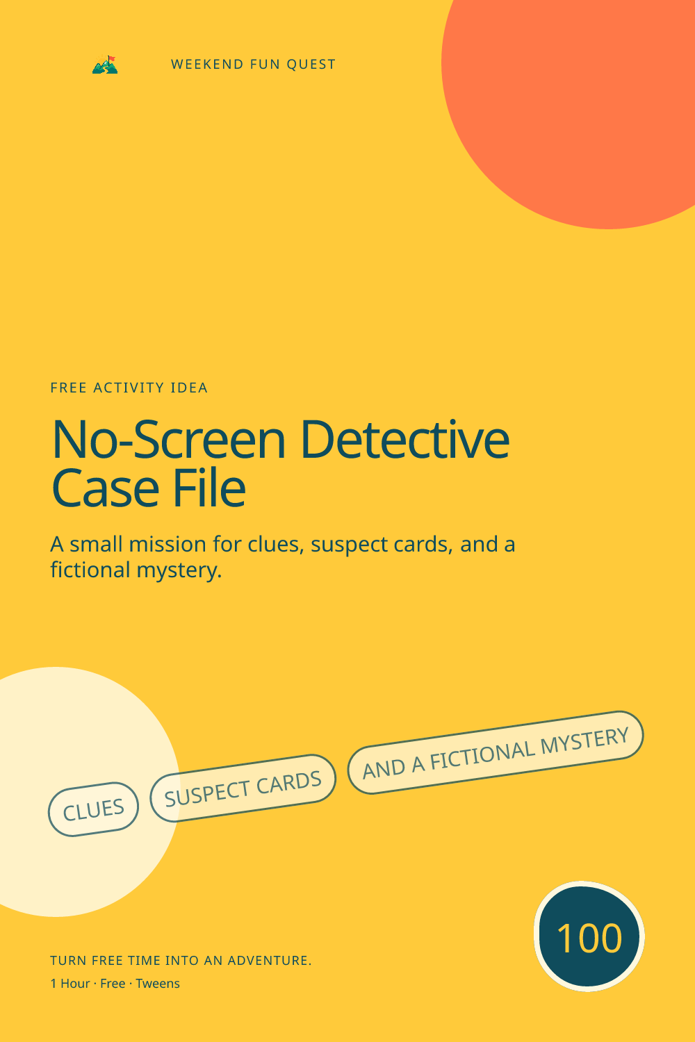 Vertical Pinterest graphic for no-screen detective case file featuring clues, suspect cards, and a fictional mystery and a quest trail
