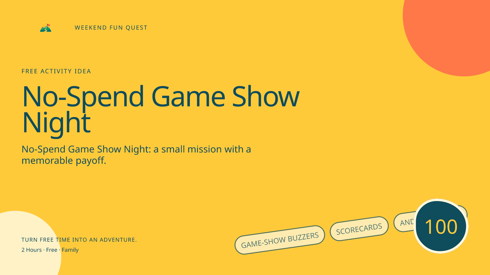 Wide Weekend Fun Quest illustration for no-spend game show night featuring game-show buzzers, scorecards, and silly prizes