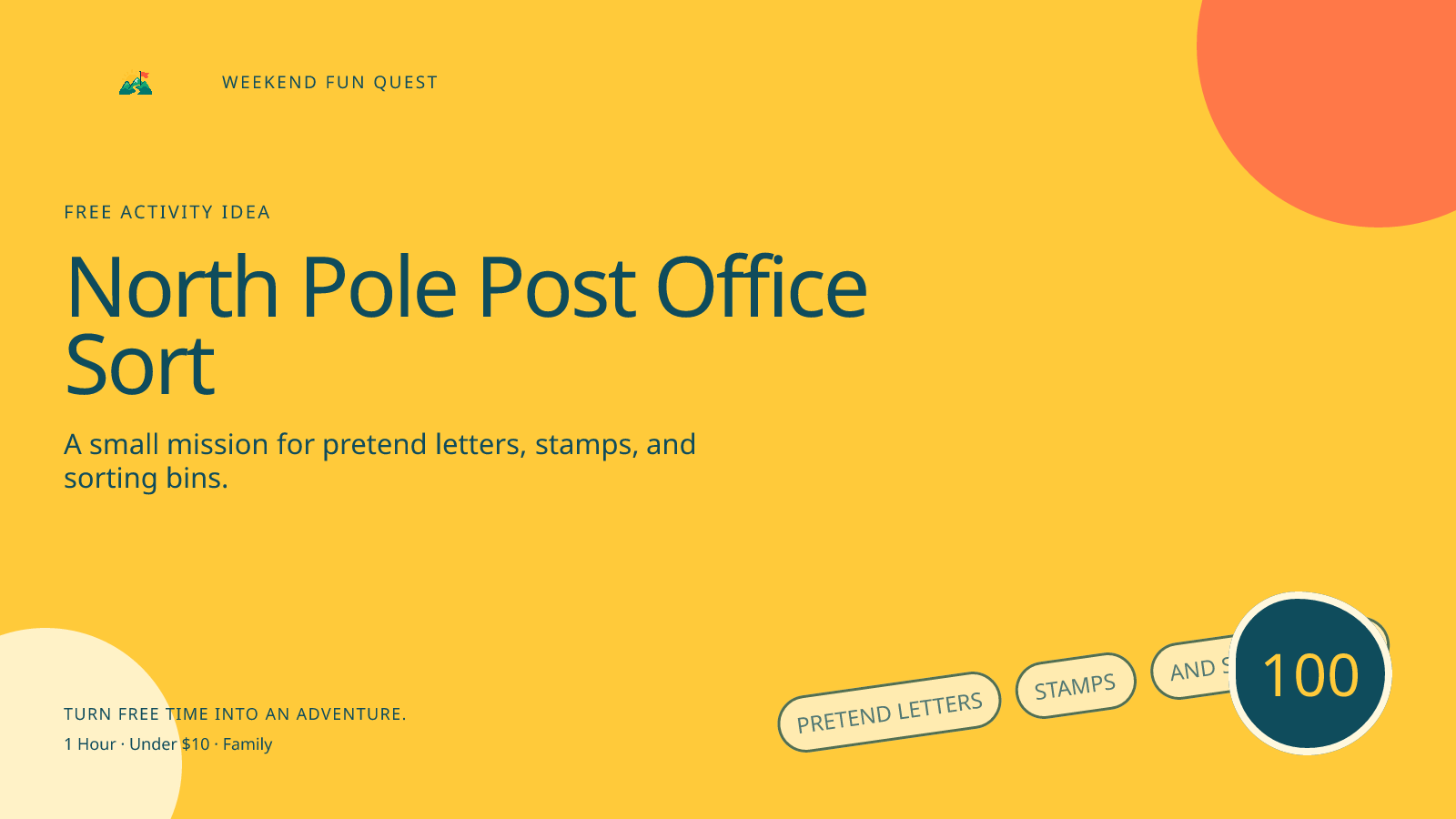 Wide Weekend Fun Quest illustration for north pole post office sort featuring pretend letters, stamps, and sorting bins